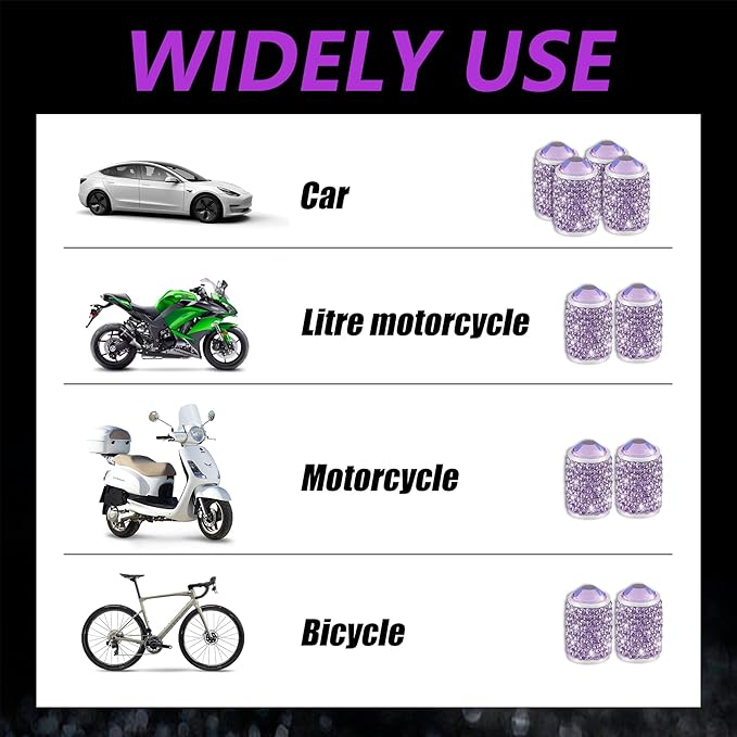 Alpmosn Car Wheel Tire Valve Caps, 4 PCS Bling Tire Valve Caps, Crystal Tire Caps Shinny Rhinestone for Women, Universal Car Dustproof Tire Valve Caps for Cars, Trucks, SUV and Motorcycles (Purple)