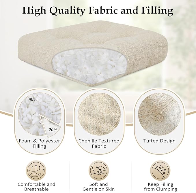 downluxe Chair Cushions for Dining Chairs 2 Pack, Tufted Indoor Chair Pads with Non-Slip Bottom, U-Shaped Kitchen Chair Cushions, 17"x17"x4", Beige