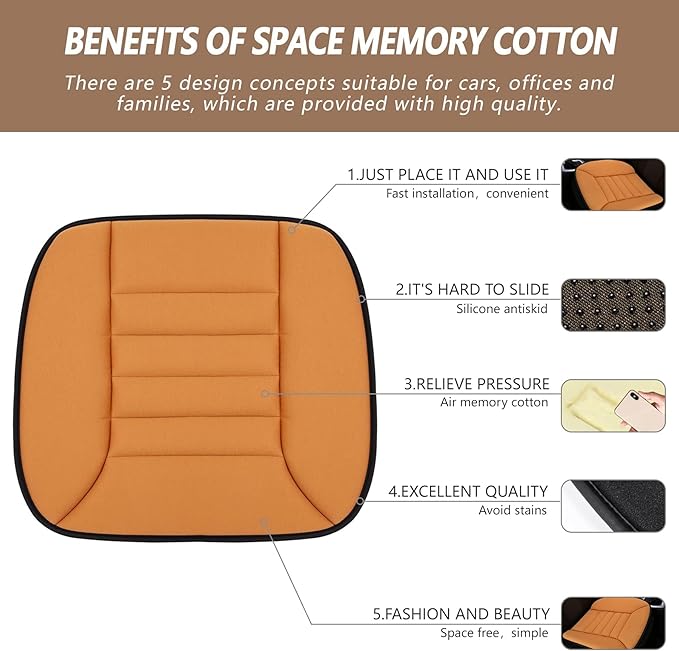 MYFAMIREA 2PCS Car Seat Cushion Pad 1.2" Thick Comfort Seat Protector for Car Driver Seat Office Chair Home Use Memory Foam Seat Cushion with Non Slip Bottom, 20'' x 18.5'', Orange