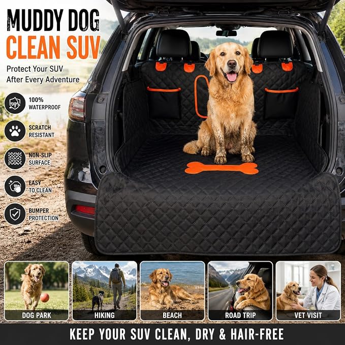 SUV Cargo Liner for Dogs, 100% Waterproof PU Leather Dog Trunk Cover for SUV with Bumper Flap & Side Walls, Heavy Duty Pet Cargo Protector, Fit for Most Mid-Size Large SUVs (Bone Pattern, L)