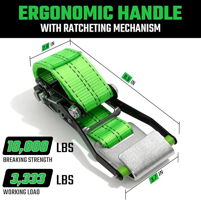 4 Pack Car Tie Down Straps for Trailers - 2" x 8' Heavy Duty Tire Straps with Flat Hooks - 10,000lbs Break Strength, Adjustable Lasso Style Wheel Straps for Hauling Cars, Truck, UTV(Green)