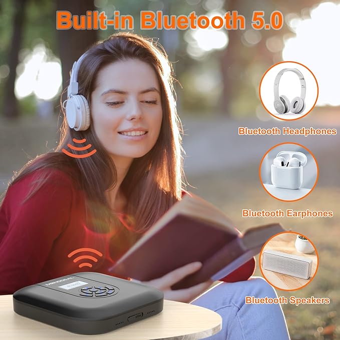MONODEAL CD Player Portable, Bluetooth CD Player with Speakers and FM Transmitter, Rechargeable 1800mAh Player for Car and Home with LED Screen