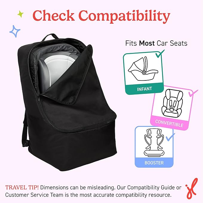 J.L. Childress Padded Backpack Car Seat Bag - Car Seat Travel Bag for Airplane, Fits Most Baby & Infant Carriers & Bootsters, Accessories for Gate or Baggage Check, AirTag Compatible - Deluxe, Black