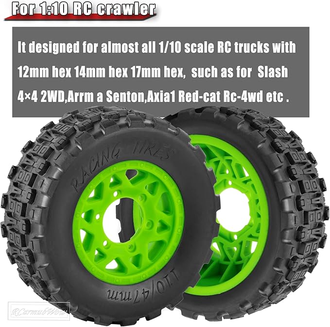 RC Truck Tires RC Wheels and Tires,12mm/14mm/17mm Hex RC Tires for 1/10 Slash 4×4 2WD,Arrm a Senton,Axia1 Red cat Rc 4wd,Off-Road Tire w/RC Wheels Hex,Green