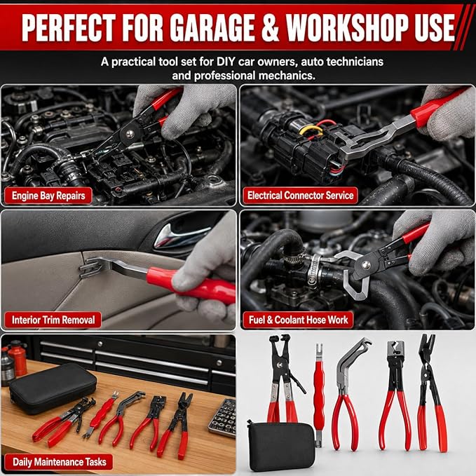 Automotive Electrical Disconnect Pliers Kit 5pc Fuel Line Tool Set Hose Clamp 60° Angled Connector Separator Trim Clip Removal Tools Plug Release & Wire Terminal Remover for Auto Repair