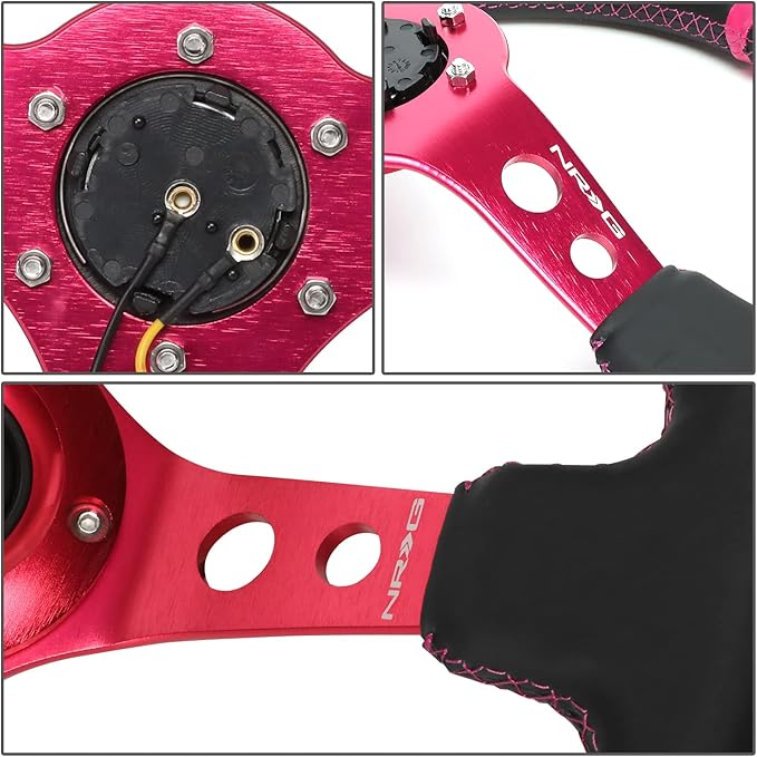 NRG Innovations NRG-RST-006FH Reinforced Steering Wheel 350mm Sport Steering Wheel (3" Deep), Black Leather Fushia Center Mark with Fushia Stitching, Fushia Center Spoke
