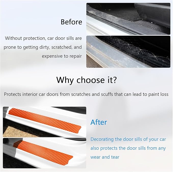 Dickno 4 PCS Car Door Sill Protector, 3D Carbon Fiber Auto Door Entry Edge Guard Protection Trim, Anti-Scratch Threshold Cover Strips, Sill Protection Sticker for Car SUV Truck (Orange)