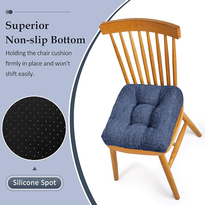 downluxe Chair Cushions for Dining Chairs 2 Pack, Tufted Indoor Chair Pads with Non-Slip Bottom, U-Shaped Kitchen Chair Cushions, 17"x17"x4", Navy Blue