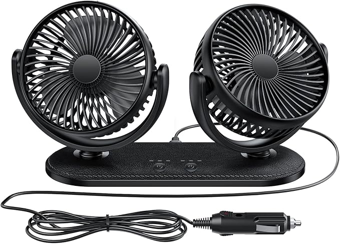 TriPole Car Fan 12V / 24V Portable Auto Cooling Fan Dual Head Rotatable Vehicle Fans 3 Speeds Strong Wind Electric Air Circulation Fans for Car Dashboard Truck SUV Sedan RV Van Boat Golf Cart