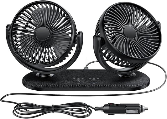 TriPole Car Fan 12V / 24V Portable Auto Cooling Fan Dual Head Rotatable Vehicle Fans 3 Speeds Strong Wind Electric Air Circulation Fans for Car Dashboard Truck SUV Sedan RV Van Boat Golf Cart