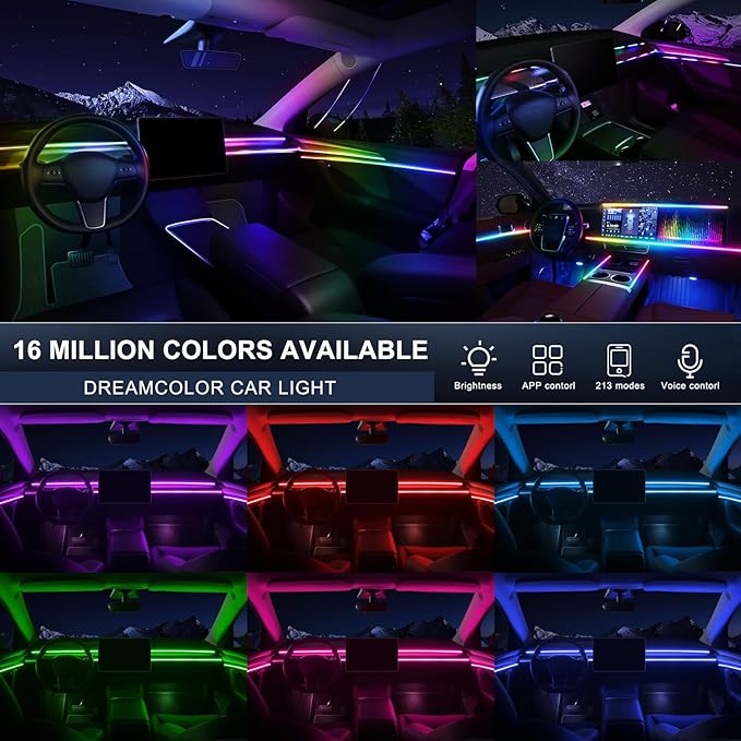 Dreamcolor Acrylic Interior Car LED Strip Light with Wireless APP, RGB 14 in 1 with 175 inches 600 LEDs Fiber Optic Car Ambient Lighting Kits, Dual Zone Sound Active Function LED Strip for Car