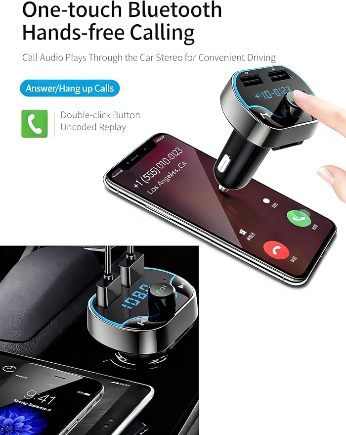 Bluetooth FM Transmitter Car Adapter with LED Voltage Display, Hands-Free Calling, Dual USB Car Charger, Supports MP3, Radio, TF Card, USB Disk Playback