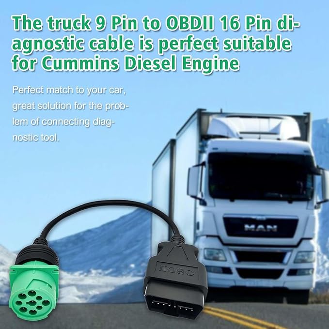 9 Pin Type 2 J1939 to 16 Pin Male OBD2 Adapter Cable for Heavy Duty Trucks and Commercial Vehicles, Green J1939 Diagnostic Connector Plug Work with Truck ELD GPS Trackers OBD Diagnostic Scanner Tool