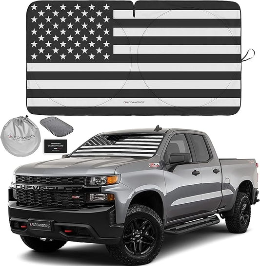 Autoamerics Truck Windshield Sun Shade with Storage Pouch & Anti-Slip Dashboard Pad - Foldable B&W American Flag Design Sunshade - Blocks Max UV Rays, Keeps Vehicle Cool | X-Large (66 x 36 inches)
