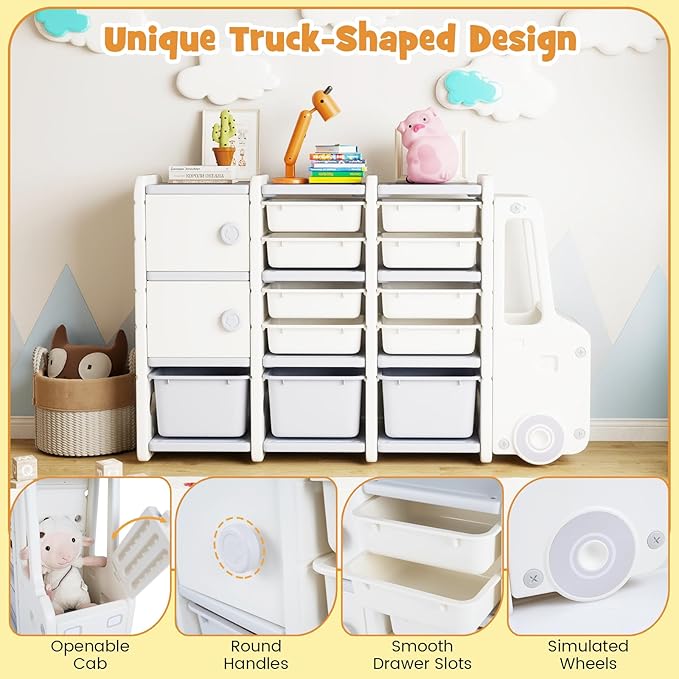 Costzon Car-Shaped Toy Storage Organizer, Kids Toy Shelf w/11 Removable Bins, 2 Cabinets, Top Shelf & Cab Compartment, Toddler Bookshelf for Kids Room, Playroom, Classroom, Living Room (Car)