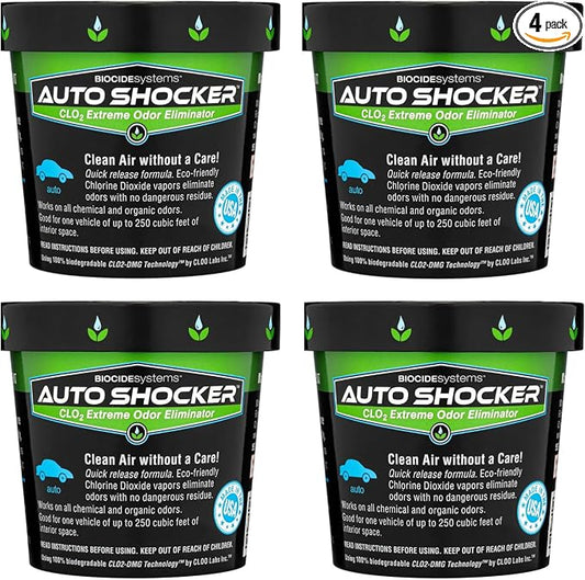 Biocide Systems Auto Shocker Strong Quick Release Car Odor Eliminator, Eco-Friendly Smell Remover for Tough Odors in Vehicle Interiors, Up to 250 Cubic Feet (4-Pack)