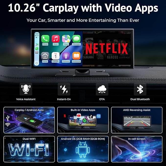 Wireless CarPlay Screen with Net-Flix YouTube, 1080P HD Touchable 10.26-inch Screen and AHD Backup Camera, Compatible with Apple CarPlay & Android Auto, Bluetooth, TF, FM, Siri