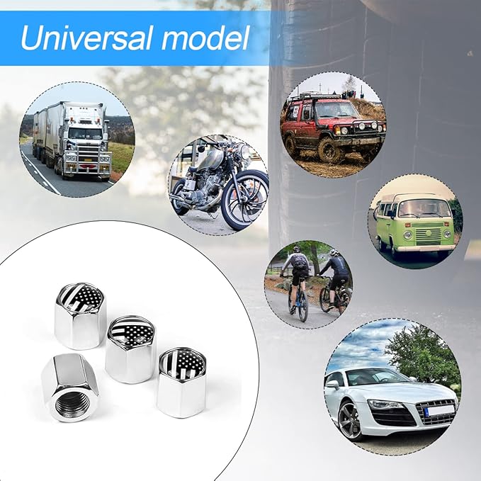 Tire Valve Stem Cap for Car, 4 Pack American Flag Pattern Anti-Rust Airtight Universal Valve Stem Covers for Cars, Vehicles, Bicycles, Trucks, Motorcycles, Car Accessories (Silver)