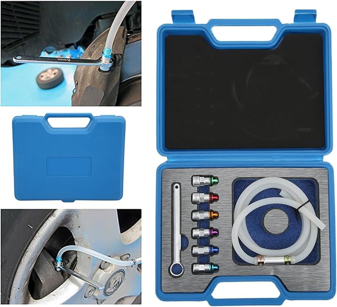 Brake Bleeder Wrench Kit with 6 Adapters, Metal Rubber, Universal for Car SUV Light Truck Motorcycle, 7-12mm, Check Valve & Brake Fluid, Air Elimination, No Wheel Removal or