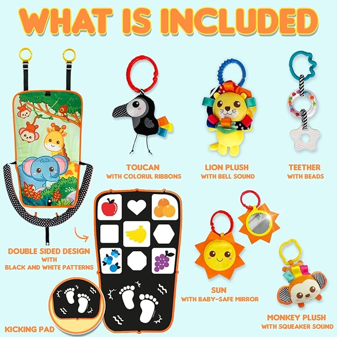 Baby Car Seat Animals Toys - Kick and Play Double Sided Infant Car Seat Toys with Plush Toys, Mirror, Teether for Baby, Babys Travel Activities, Christmas Birthday Gifts Newborn Infant Toys