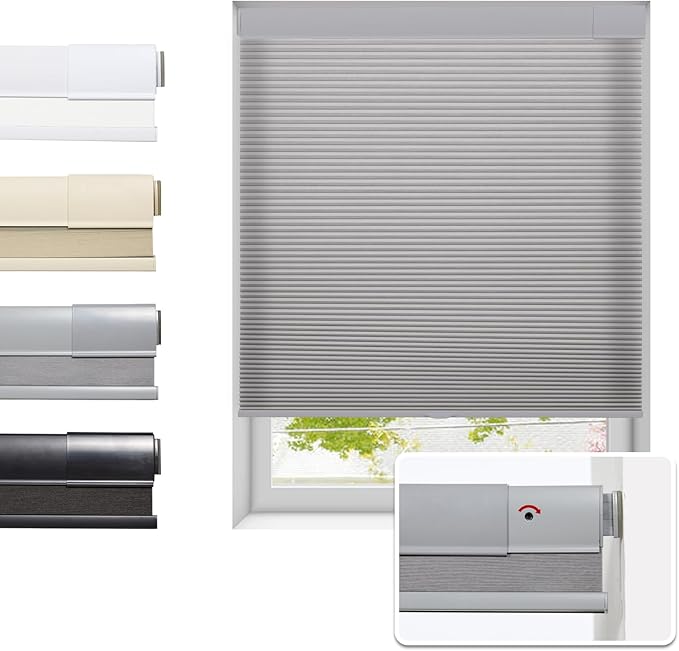 Tonature No Drill Cellular Shades for Indoor Windows, Thermal Insulating & Noise Reducing Honeycomb Blinds, Cordless Free Stop Blinds Light Filtering, Grey,45 1/2" W x 64" H