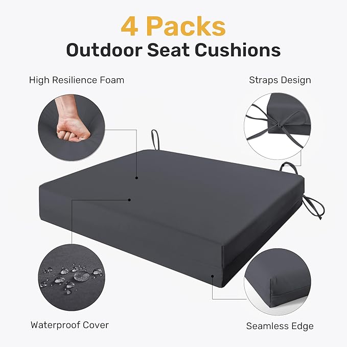 UNIKOME Outdoor Chair Cushions Pack of 4, Water Resistant Patio Cushions with Ties, High Density Sponge Filling Square Corner Seat Cushions for Outdoor Furniture, 19"*19"*3", Grey
