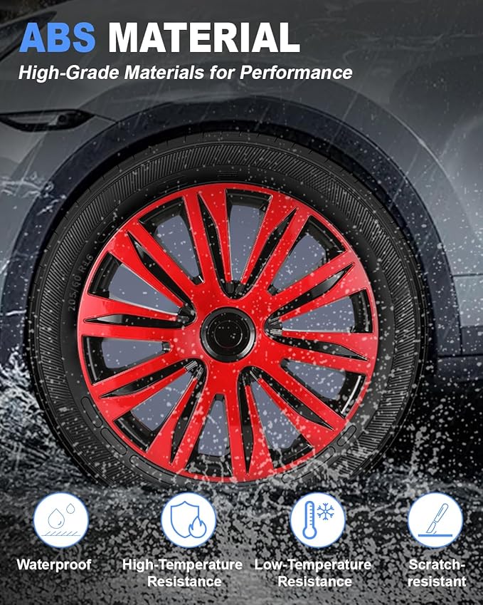 ABX Hubcap Wheel Covers Hub Caps 16 Inch Set of 4 Black & Red Universal Wheel Rim Cover R16 Stylish Car Decor Wheel Covers