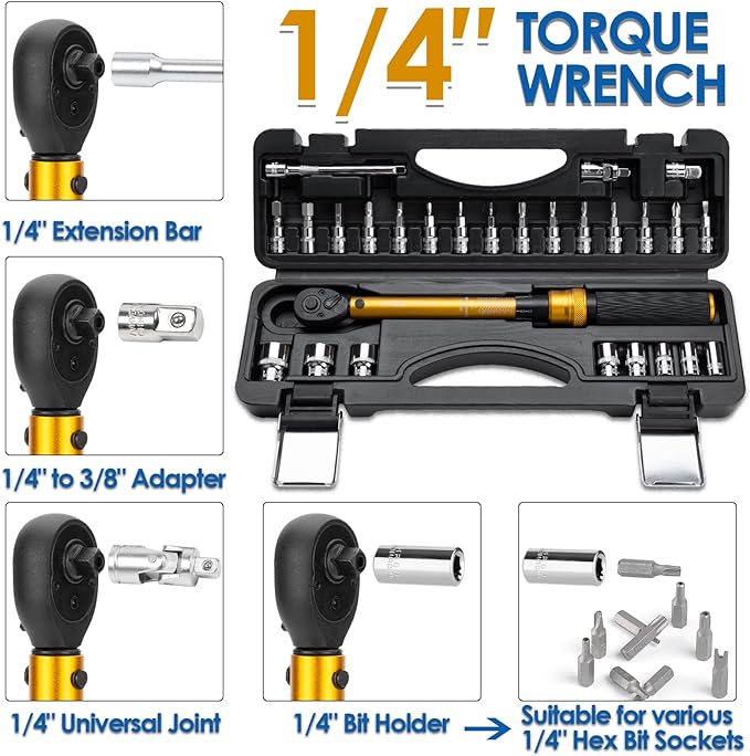 YIYEIE 1/4 Inch Drive Bike Torque Wrench, 1-25 Nm (10-222.5 in.lb), 27 PCS Click Bicycle Torque Wrench with Bit Sockets, 0.1 Nm Micro, 72-Tooth Ratchet, 3/8 Adapter, for MTB, E-Bike, Motorcycle