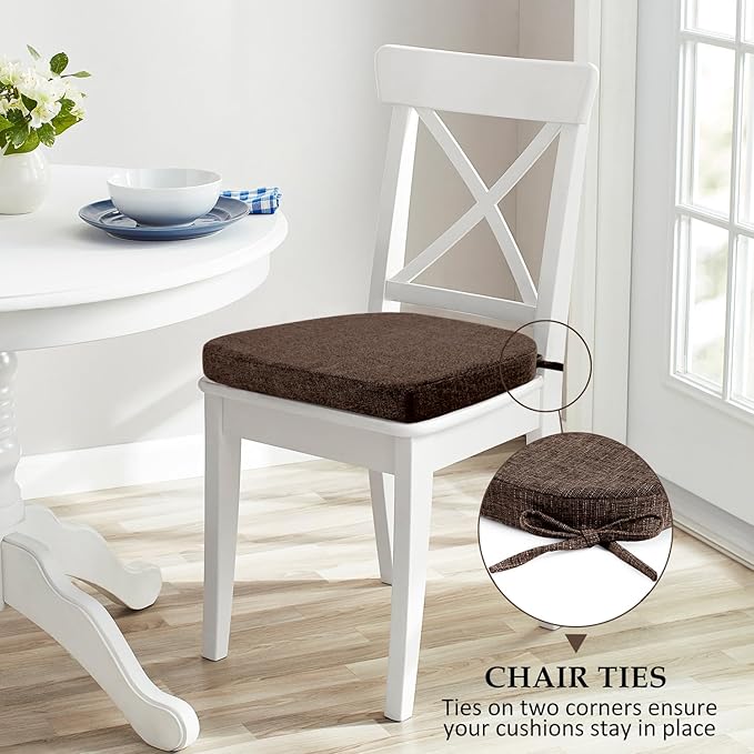 Wellsin Chair Cushions for Dining Chairs 4 Pack - Kitchen Chair Cushions with Ties and Non-Slip Backing - Dining Chair Pads 16"X16"X2", Brown