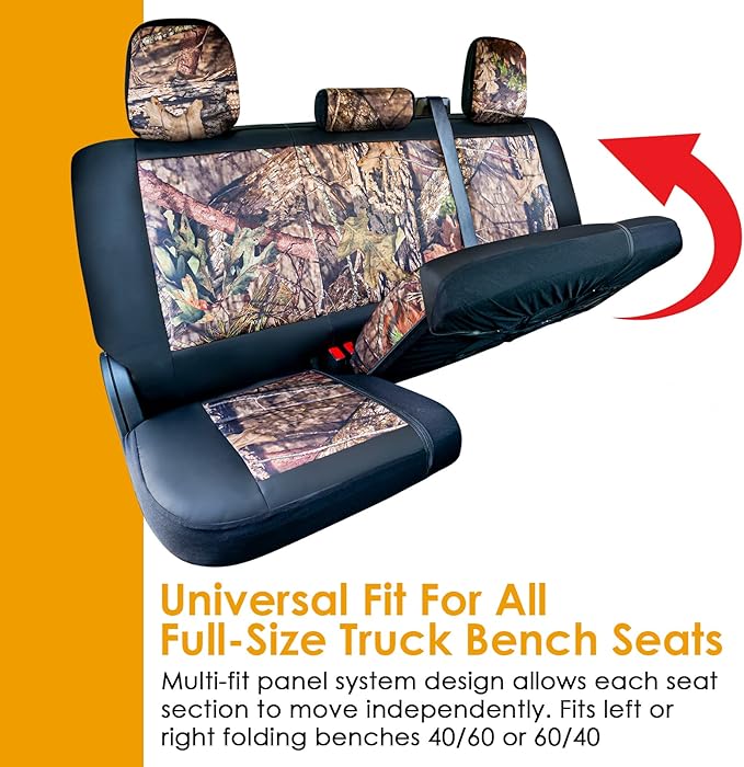 Mossy Oak Camo Truck Bench Seat Cover Fits All Full-Size Silverado F-150 Ram Sierra Titan Tundra Pickup Trucks; Folding Bench or Standard Bench Seats; 70% Polyester, 30% Polyurethane