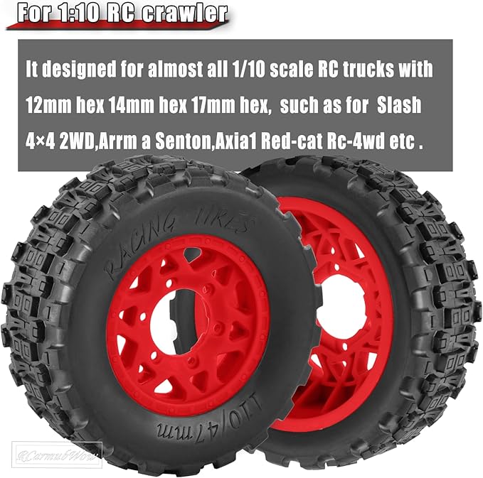 RC Truck Tires RC Wheels and Tires,12mm/14mm/17mm Hex RC Tires for 1/10 Slash 4×4 2WD,Arrm a Senton,Axia1 Red cat Rc 4wd,Off-Road Tire w/RC Wheels Hex,Red