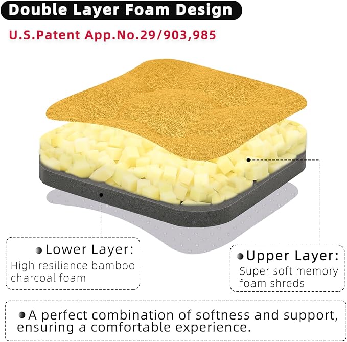 GOFORIT Memory Foam Cushion，Square Seat Cushions for Dining Chairs,Non-Slip Chair Pads with Removable Cover, 16'' x 16'',4 Pack, Yellow
