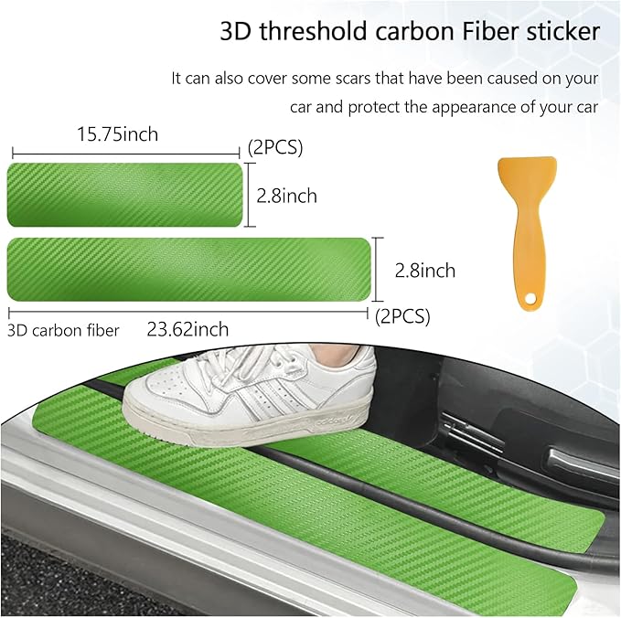 Dickno 4 PCS Car Door Sill Protector, 3D Carbon Fiber Auto Door Entry Edge Guard Protection Trim, Anti-Scratch Threshold Cover Strips, Sill Protection Sticker for Car SUV Truck (Green)
