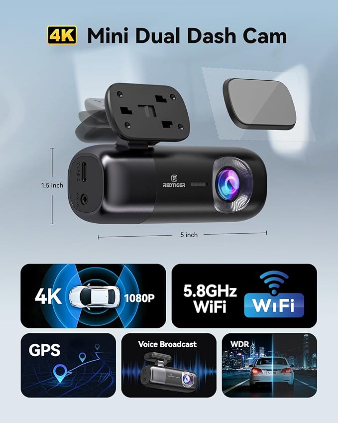 REDTIGER F9 Dash Cam 4K Front and Rear 1080P, WiFi GPS Car Camera with 32GB Card, Dual Dash Camera for Cars, Loop Recording, Night Vision, Parking Mode, Smart App Control, Support 256GB Max