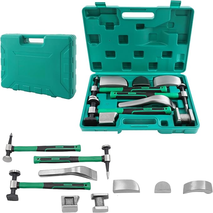 9pcs Dent Repair Kit with Carrying Case, Professional Auto Body PDR Tools with 45# Steel Hammers & 6 Lining Irons for Car Body Fender Door Panel Repair.