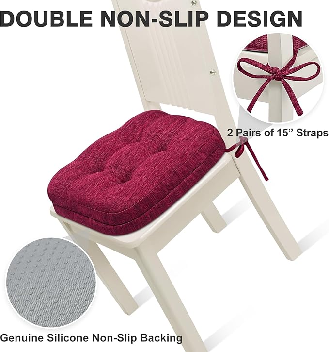 Shinnwa Kitchen Chair Cushions Set of 2, Dual-Layer Memory Foam Dining Chair Cushions, Patented Design Seat Pads with Ties, 16.5 x 16.5 x 3.5in, 2 Pack, Burgundy