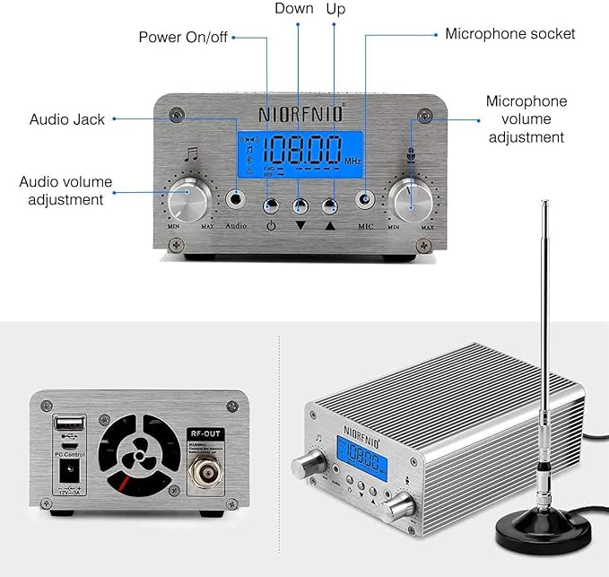 NIORFNIO 15W Fm Transmitter - Bluetooth Wireless Stereo Broadcasting Range 87-108mhz Transmitter, Used in Churches, Cars, Shopping Malls, Lecture Halls, Private Radio Stations