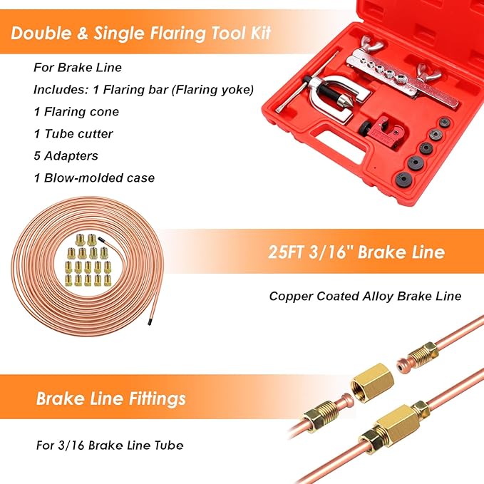 25 ft 3/16inch Copper Coated Brake Line Kit(Includes 24 Fittings and 4 Unions) with Double & Single Flaring Tool Kit
