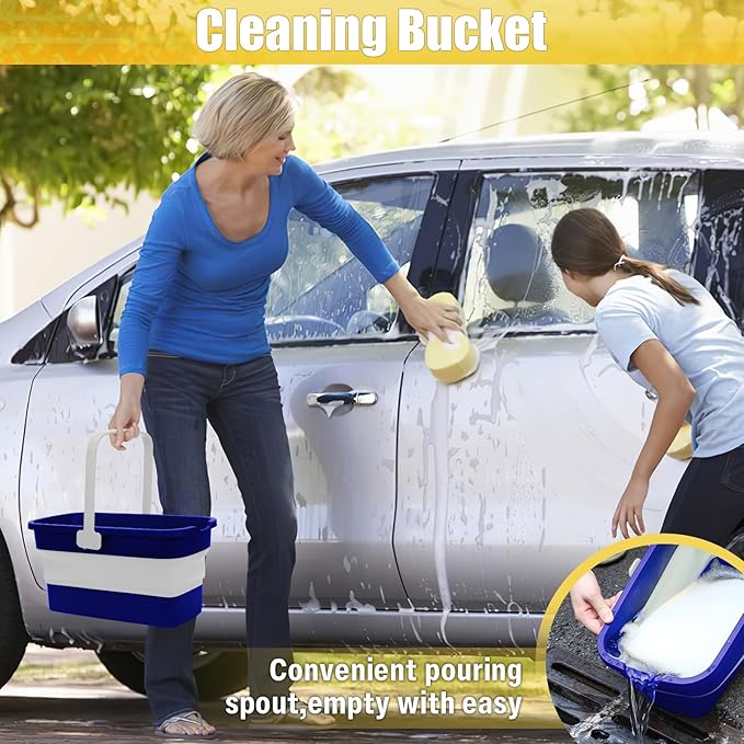 Collapsible Mop Bucket for Cleaning with Handle, Silicone Square Wash Bucket for Windows Cleaning Car Washing,Cleaning Supplies Organizer Plastic Water Bucket
