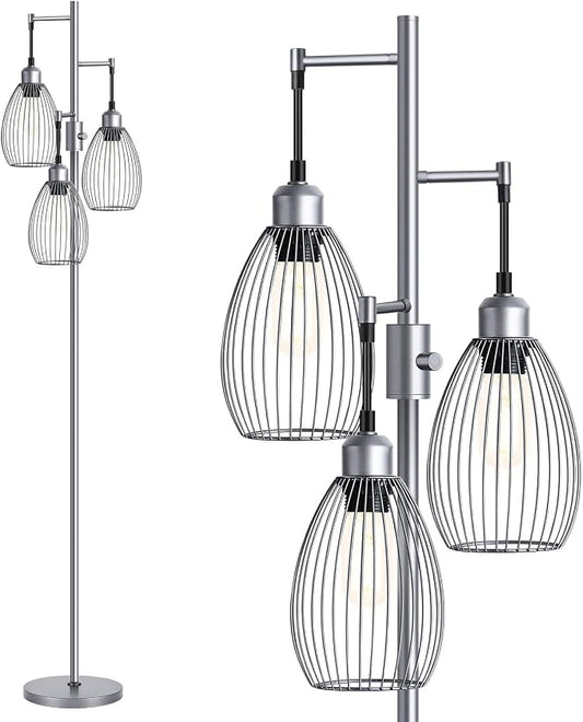 Nintiue Dimmable Floor Lamp, 3 x 800LM LED Edison Bulbs Included, Industrial Floor Lamp Standing Tree Lamp with Elegant Teardrop Cage Heads Tall Lamps for Living Room Bedroom-Grey