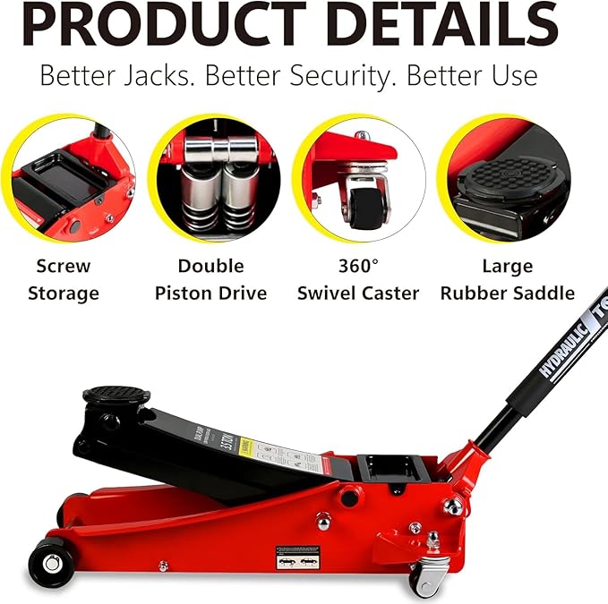 3.5 Ton Low Profile Floor Jack, Heavy Duty Floor Jack with Dual Pistons Quick Lift Pump, Steel Car Jacks Adjustable Height 4"-21", Hydraulic Trolley Floor Jacks 3.5 Ton/7000 LBS Capacity, Red