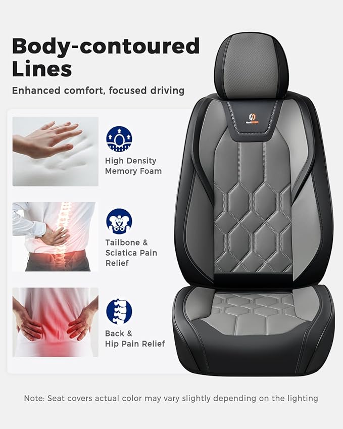 Huidasource Leather Car Seat Covers Full Set, Full Coverage Universal Fit for Most Cars SUVs Trucks, Easy Install with Velcro, Airbag Compatible, Retains Seat Functions & Cupholders, Black & Gray