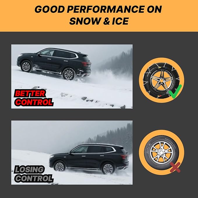Auto Fixing Snow Chains for Car Tires, Tire Chains for Passenger Cars, Sedan, SUVs, Quick Fit & Easy Installation Snow Tire Chains, Portable Reusable Emergency Tire Traction Chain, Set of 2 (HPK-1540)