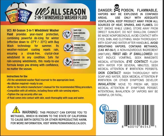 UCS Advanced All-Season Windshield Washer Fluid Winter Protection to -27F | 2-in-1 Bug Wash & Water Beading Technology | Streak-Free Visibility (1 Gallon)