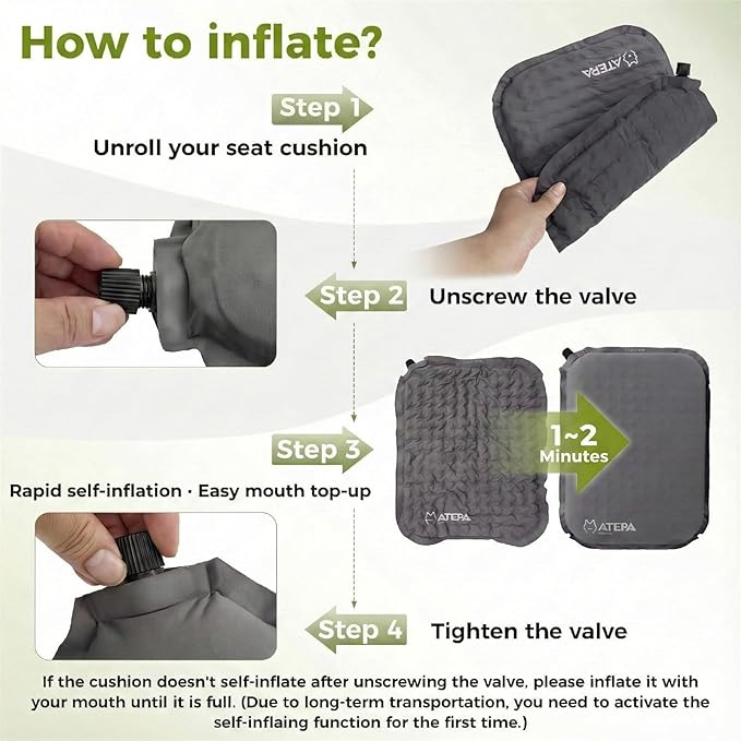 ATEPA Inflatable Seat Cushion, Compact Self-Inflating Seat Cushion for Stadium Airplane Air Travel Bleacher Camping, Blow Up Foam Seat Pad for Outdoor Sports Events Backpacking Hiking Sitting