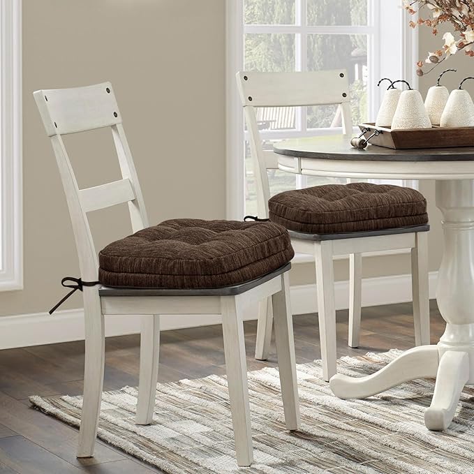 Shinnwa Dining Chair Cushions Set of 2, Dual-Layer Memory Foam Kitchen Chair Cushions, Patented Design Seat Pads with Ties, 16.5 x 16.5 x 3.5in, 4 Pack, Dark Brown