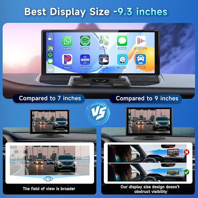 [2.5K Front Camera+64G TF Card] Wireless Carplay/Android Auto Portable Car Radio with 9.3" HD Touchscreen Dash Cam, Front/Rear View Camera Stereo Receiver Bluetooth FM Transmitter AUX
