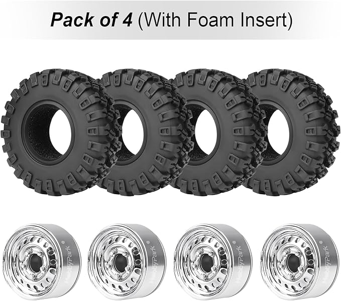 HobbyPark 1.0 Beadlock Wheels and Tires Negative Offset Stamped Steel 1.0" Wheels 1.0 Beadlocks for 1/24 1/18 RC Crawler TRX4M SCX24 FCX24 Upgrades Parts Soft Rubber Good Grip (w/52x19mm Tires)