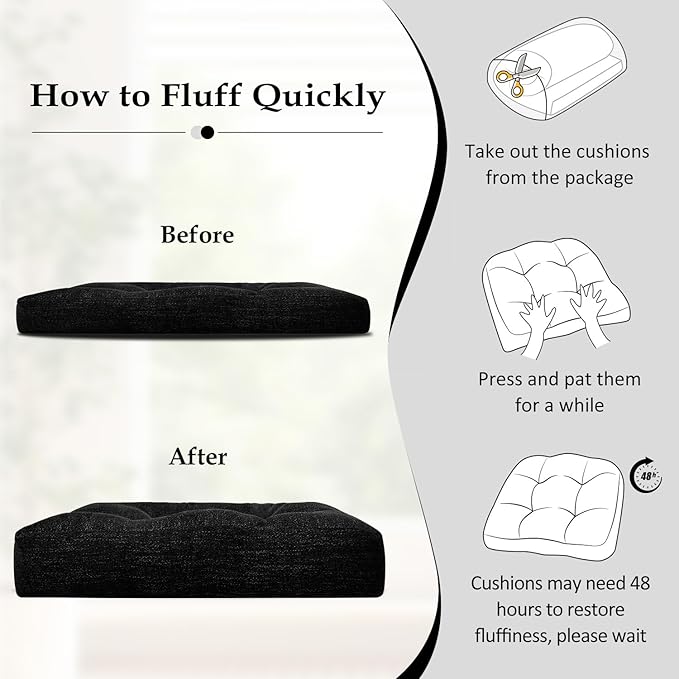 downluxe Chair Cushions for Dining Chairs 4 Pack, Tufted Indoor Chair Pads with Non-Slip Bottom, U-Shaped Kitchen Chair Cushions, 17"x17"x4", Black
