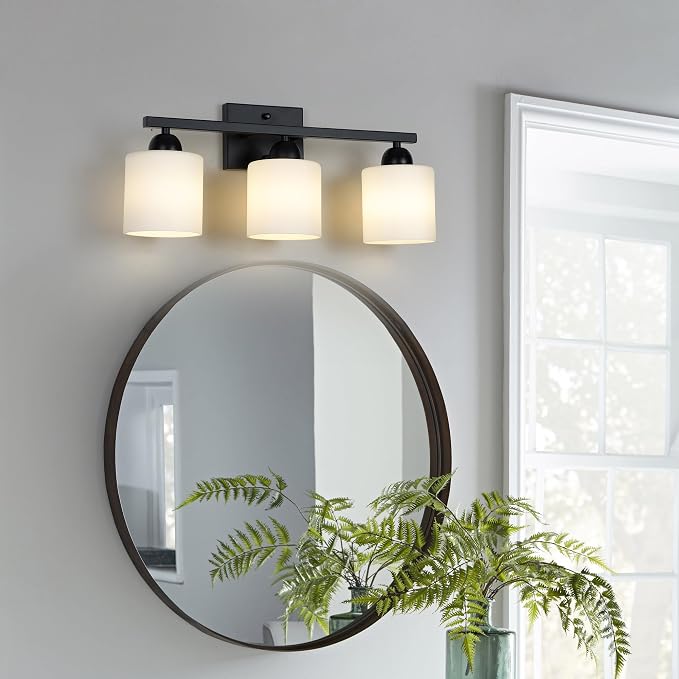 Mecgirn Milk Glass Vanity Lights for Bathroom, 3 Light Matte Black Bathroom Light Fixtures Over Mirror, Ceramic E26 Sockets Wall Mounted